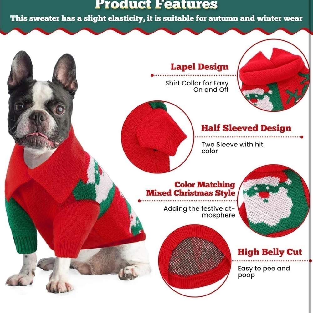 Dog Sweater, Christmas Sweater Warm Winter Plaid Knitwear with Leash Hole - Picture 3 of 7